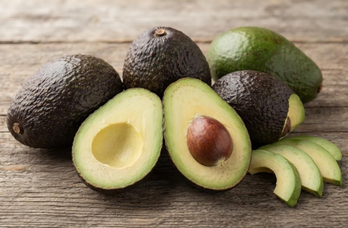 Whole and halved ripe Hass avocados with fresh slices on a wooden table