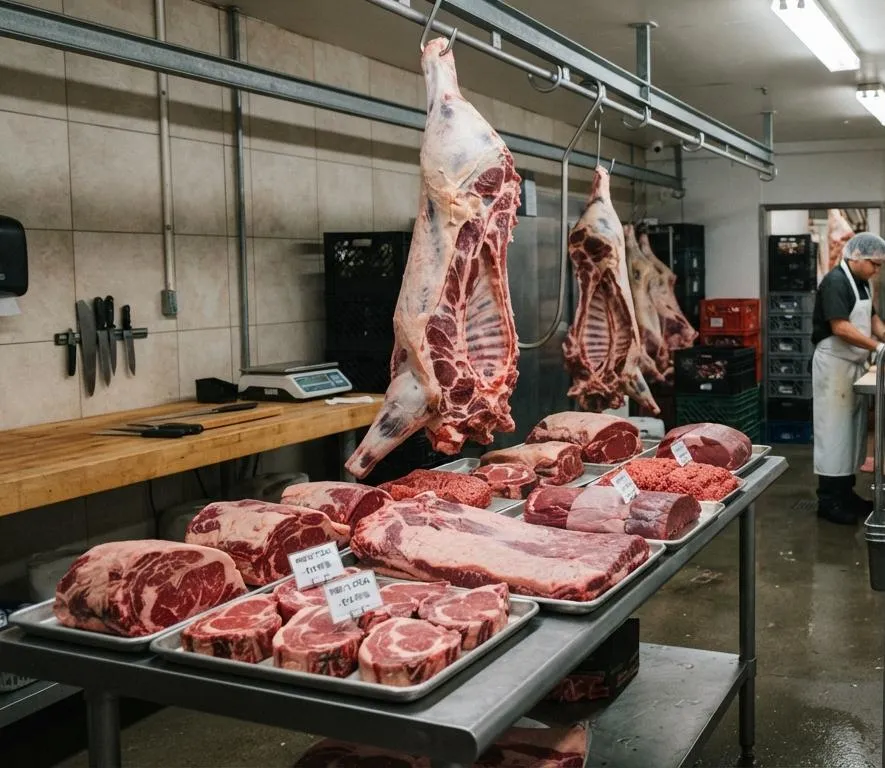 Hanging beef sides and trays of fresh halal beef cuts