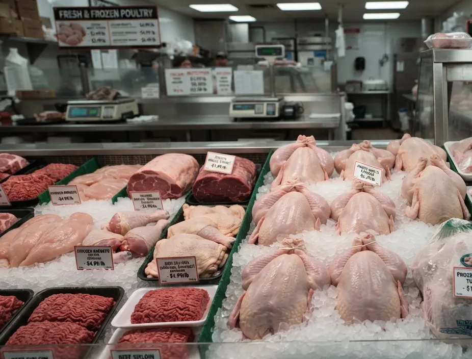 Whole chickens and chicken cuts displayed on ice