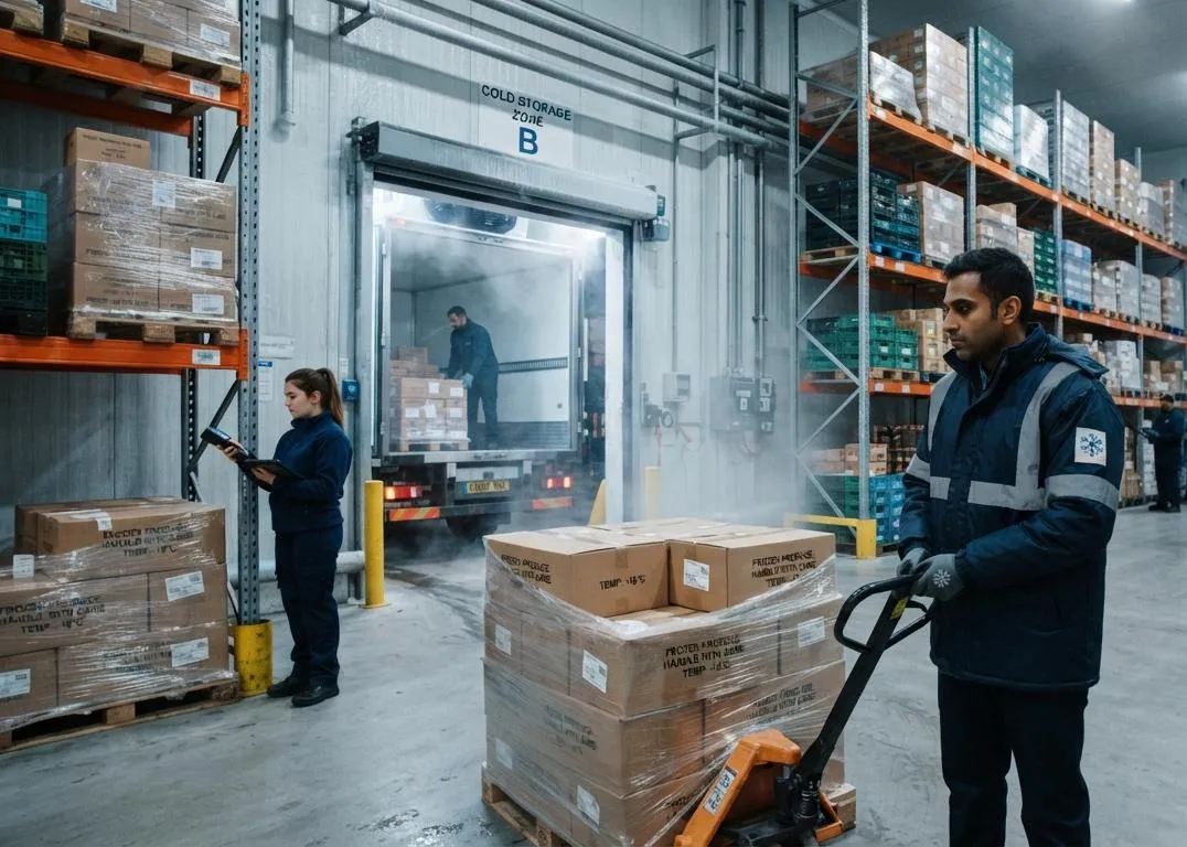Workers moving shrink-wrapped pallets of frozen goods in a cold storage warehouse beside a refrigerated truck