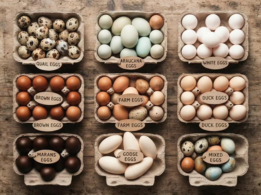 Cartons of white, brown, farm, duck and quail eggs