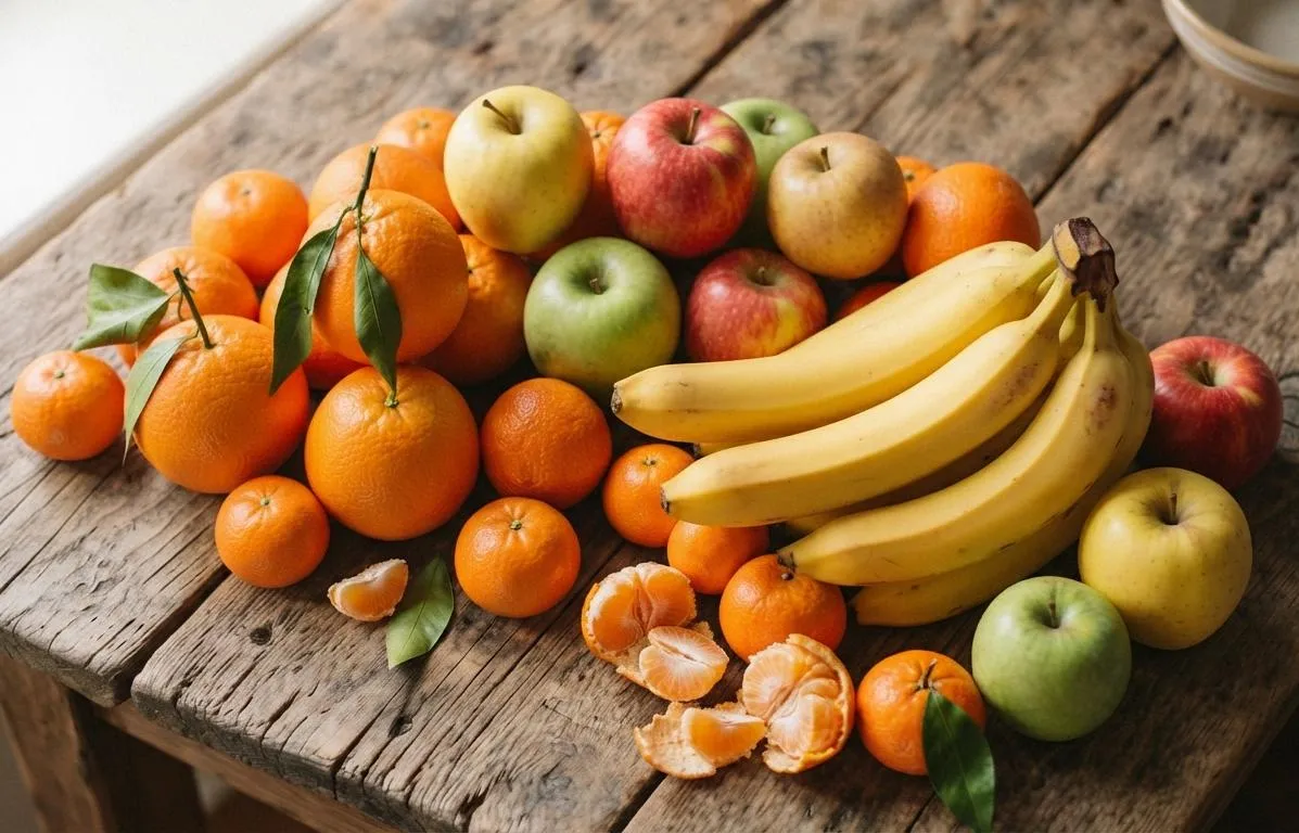 Fresh oranges, mandarins, apples and bananas on a wooden table