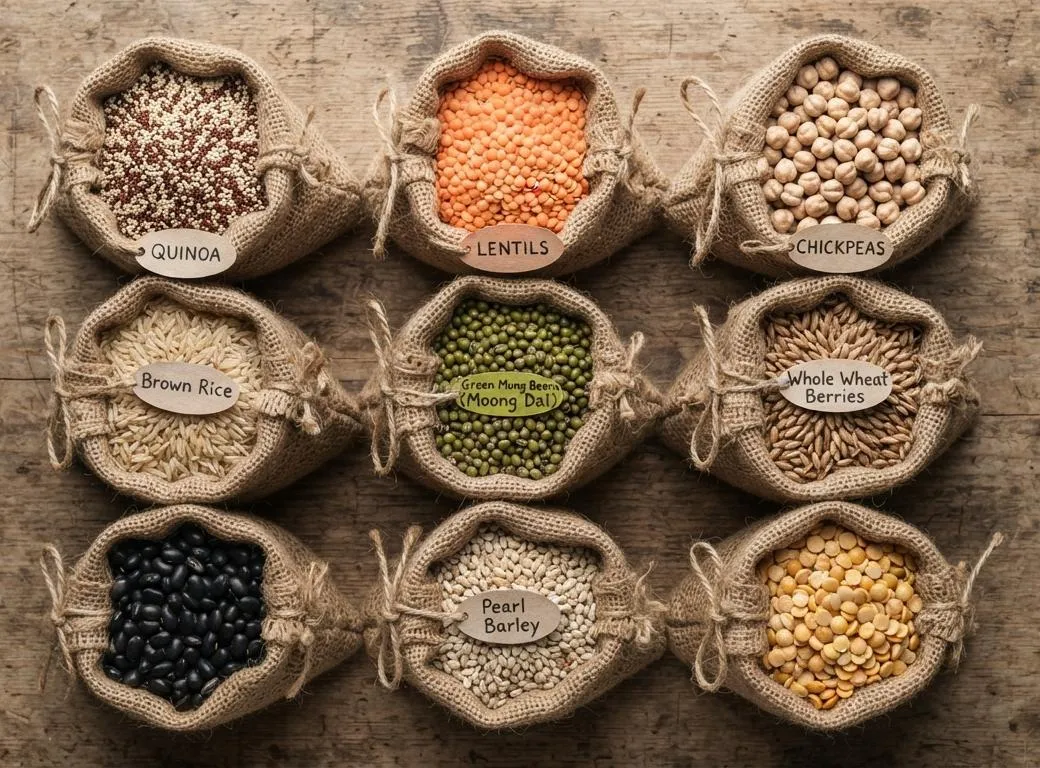 Burlap sacks of grains and pulses including lentils, chickpeas, quinoa, mung beans, brown rice and barley