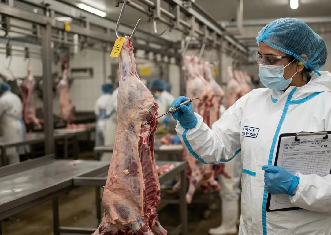 Food safety inspector in protective gear checking a meat carcass with a probe thermometer and inspection checklist