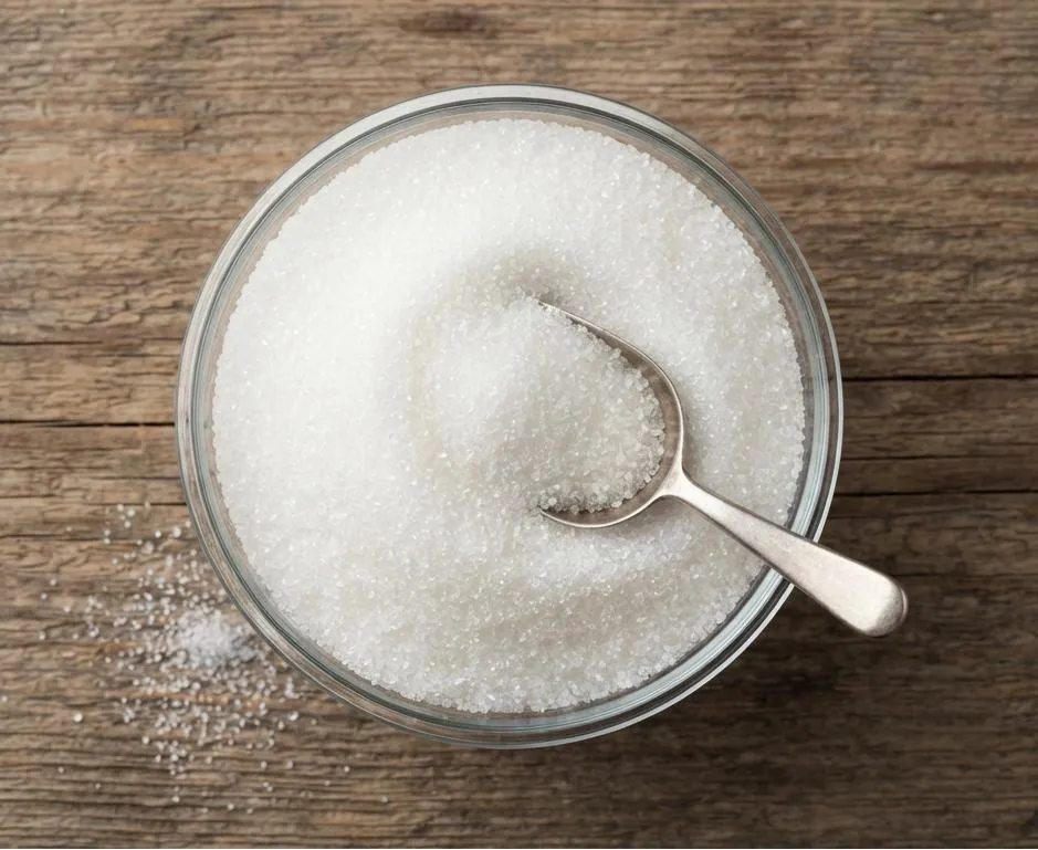 Bowl of refined white granulated sugar with a metal scoop